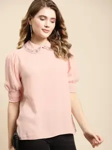 COVER STORY Peach-Coloured Peter Pan Collar Puff Sleeves Stone Embellished Detail Top