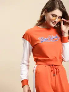 COVER STORY Women Orange Printed Cropped Sweatshirt