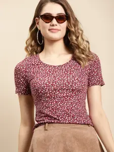 COVER STORY Women Red Ditsy Floral Printed Cotton Spandex T-shirt