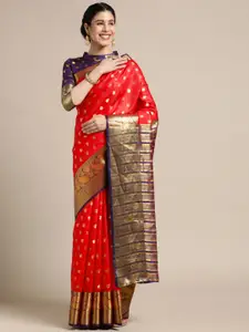 Mitera Red & Purple Paisley Zari Banarasi Saree