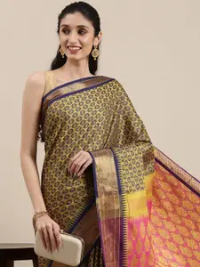 Mitera Yellow & Brown Woven Design Zari Cotton Silk Saree with Contrast Border