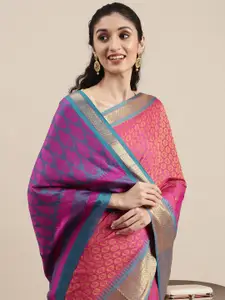 Mitera Pink & Teal Woven Design Zari Silk Cotton Saree with Contrast Border