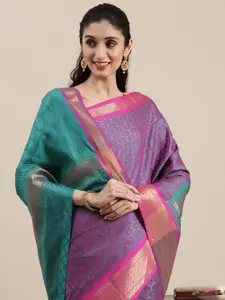 Mitera Blue & Pink Woven Design Zari Silk Cotton Saree with Contrast Border