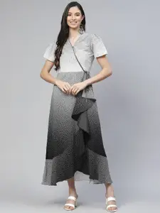 Cottinfab White & Black Ditsy Geometric Print A-Line Midi Dress