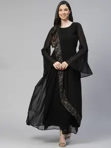Cottinfab Black Ethnic Motifs Sequined A-Line Maxi Dress with Bell Sleeves