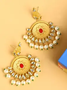 SOHI Gold-Plated Red & White Stone-Studded & Beaded Crescent Shaped Drop Earrings