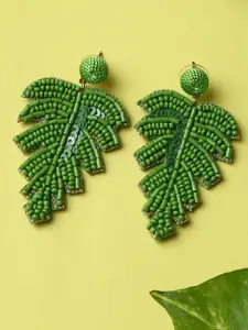 SOHI Green Beaded Leaf Shaped Studs Earrings