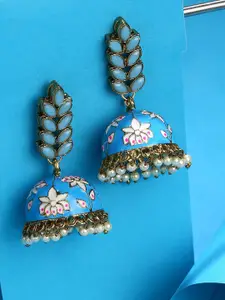 SOHI Blue & White Gold Plated Meenakari Jhumkas