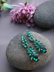 SOHI Green Stone Studded Leaf Contemporary Drop Earrings