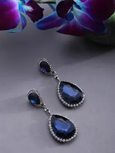 SOHI Navy Blue & Silver Toned Teardrop Shaped Drop Earrings