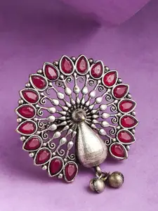 SOHI Women Silver-Plated & Red Stone Studded Peacock Ring