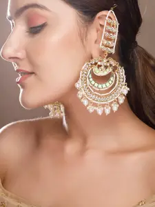 Rubans Gold-Plated White Stone Studded & Beaded Drop Earrings
