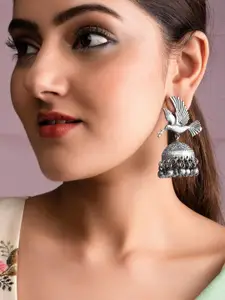 Rubans Oxidised Silver-Plated Bird Motif Ghungroo Detailed Dome-Shaped Jhumkas