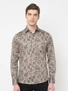 Crimsoune Club Men Grey Slim Fit Floral Printed Pure Cotton Casual Shirt