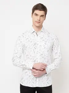 Crimsoune Club Men White Cotton Slim Fit Floral Printed Casual Shirt