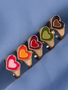 Jewels Galaxy Set Of 5 Gold-Plated & Pink Heart Shaped Finger Ring