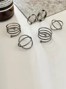Jewels Galaxy Set Of 6 Silver-Plated & Black Adjustable Finger Ring