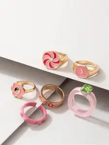 Jewels Galaxy Set Of 6 Gold-Plated Pink & Green Finger Rings