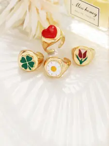 Jewels Galaxy Set Of 4 Gold-Plated & Green Design Detailed Finger Rings
