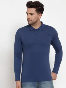 VENITIAN Men Navy Blue Polo Collar Pockets Cotton Slim Fit T-shirt