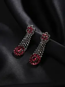 justpeachy Red CZ Studded Silver Plated Chandelier Drop Earrings
