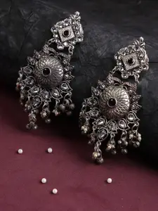 justpeachy Oxidised Silver-Plated Black Stone-Studded Contemporary Drop Earrings