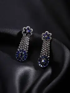 justpeachy Silver-Plated Blue CZ-Studded Floral Drop Earrings