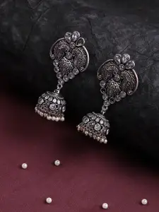 justpeachy Silver-Plated Oxidised Stone Studded Classic Jhumkas Earrings