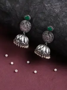 justpeachy Green & Silver-Plated Studded Contemporary Jhumkas Earrings