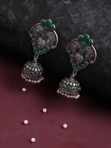 justpeachy Oxidised Silver-Plated Green Stone-Studded Contemporary Jhumkas Earrings