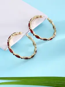 justpeachy Red & Gold-Plated Stone Studded Contemporary Hoop Earrings