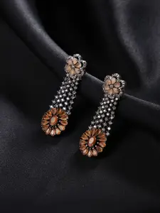 justpeachy Silver-Plated Peach-Coloured & White CZ-Studded Contemporary Drop Earrings