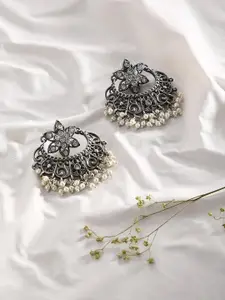 justpeachy Silver-Plated Stone-Studded & Beaded Contemporary Chandbalis Earrings