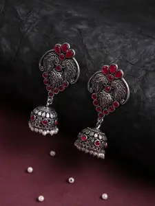 justpeachy Red & Silver-Plated Stone Studded Contemporary Jhumkas Earrings