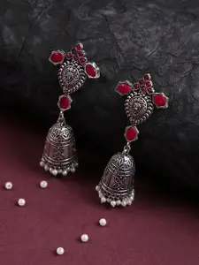 justpeachy Red & Silver Toned Dome Shaped Jhumkas