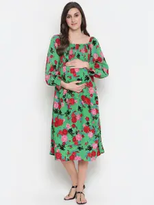 Oxolloxo Green Floral Satin Maternity A-Line Midi Dress