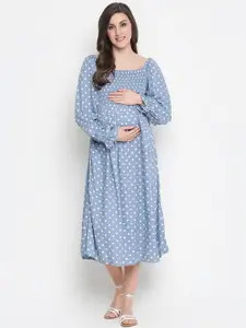 Oxolloxo Women Blue Crepe Smocked Maternity Midi Dress