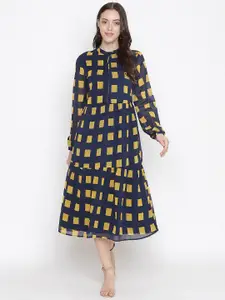 Oxolloxo Women Navy Blue & Yellow Printed Satin A-Line Midi Dress