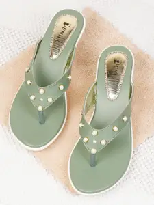 Denill Green Embellished Wedge Heel Sandals