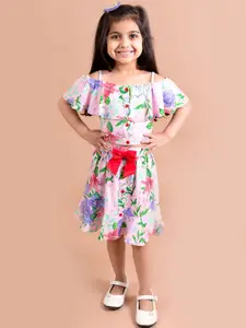 pspeaches Girl White & Pink Floral Printed Off Shoulder Top & Skirt Co-Ord