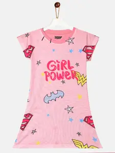 YK Justice League Girls Pink & Yellow Justice League Printed T-shirt Dress