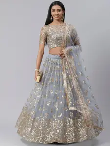 SHOPGARB Grey & Gold-Toned Sequinned Semi-Stitched Lehenga Unstitched Blouse With Dupatta