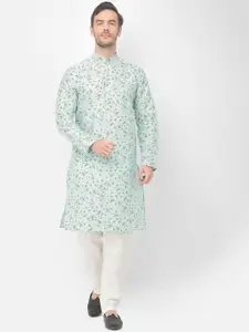 SG LEMAN Men Turquoise Blue Floral Printed Raw Silk Kurta with Pyjamas