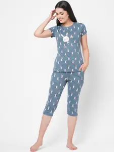 Sweet Dreams Women Blue & White Printed Night Suits