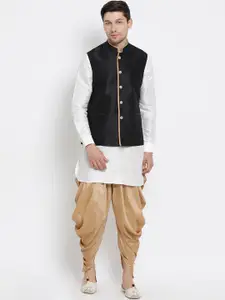 VASTRAMAY Men White Kurta with Dhoti Pants & Nehru Jacket