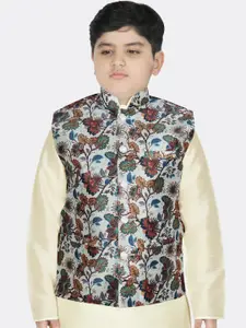 SG YUVRAJ Boys White & Blue Floral Printed Nehru Jacket