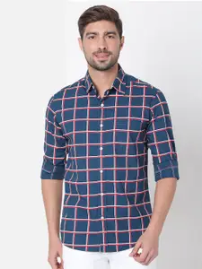 Mufti Men Navy Blue Slim Fit Windowpane Checks Cotton Casual Shirt