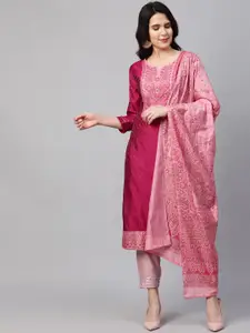 FASHOR Women Pink Ethnic Motifs Yoke Design Straight Kurta with Dupatta
