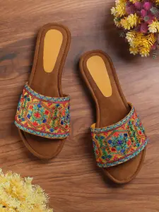 HASTEN Women Multicoloured Embellished Leather Ethnic Open Toe Flats