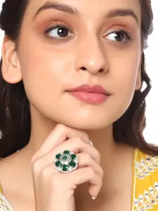 Yellow Chimes Rhodium-Plated Silver-Toned & White AD-Studded Finger Ring